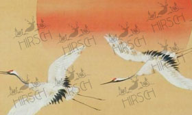 Cranes in flight with sunshine